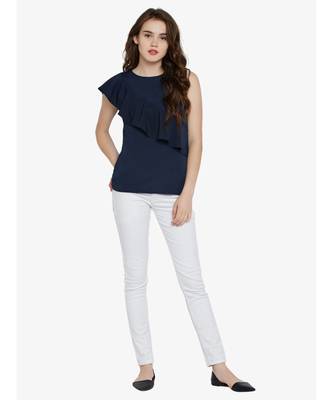 Women's blue Round Neck sleeveless Solid Ruffled Top 2