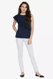 Women's blue Round Neck sleeveless Solid Ruffled Top