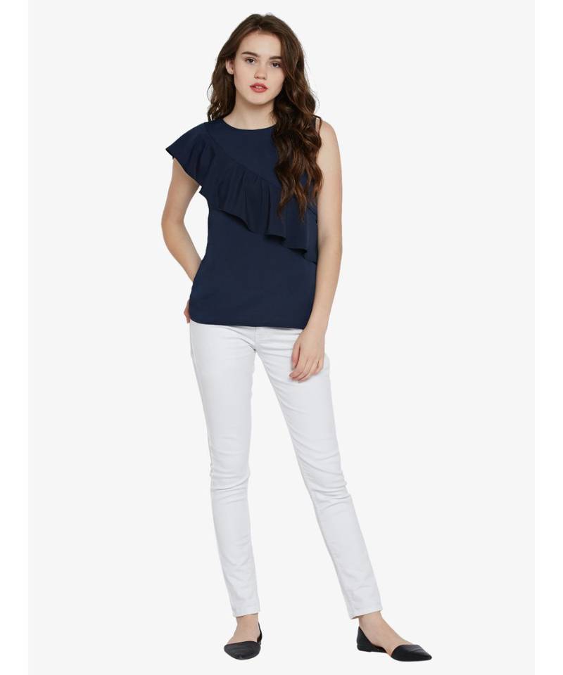 Women's blue Round Neck sleeveless Solid Ruffled Top