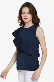 Women's blue Round Neck sleeveless Solid Ruffled Top