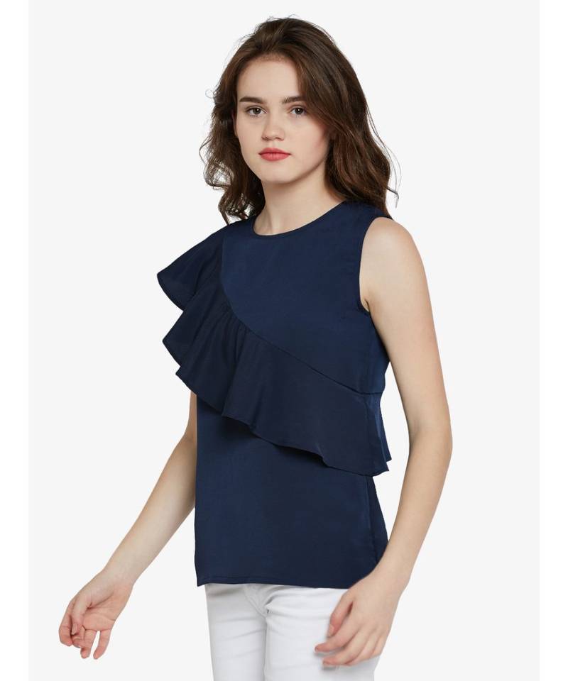 Women's blue Round Neck sleeveless Solid Ruffled Top