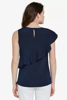 Women's blue Round Neck sleeveless Solid Ruffled Top