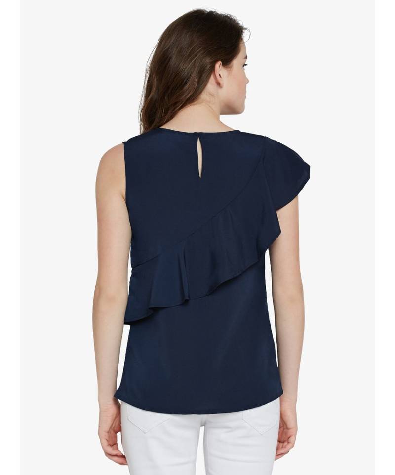 Women's blue Round Neck sleeveless Solid Ruffled Top
