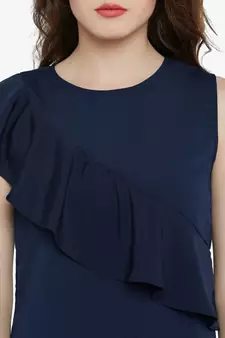 Women's blue Round Neck sleeveless Solid Ruffled Top