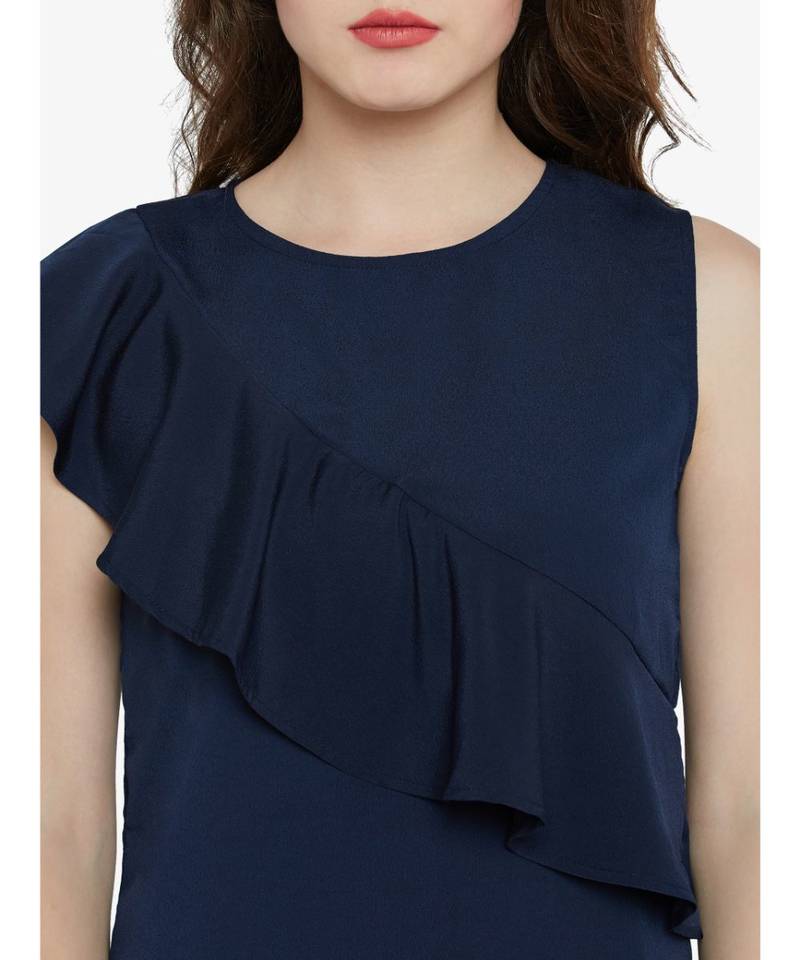 Women's blue Round Neck sleeveless Solid Ruffled Top