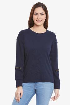 Women's blue Solid Round Neck quarter_sleeve Regular Length Top