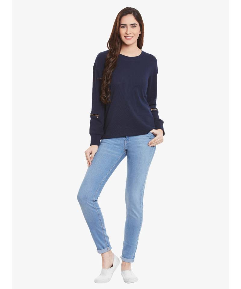 Women's blue Solid Round Neck quarter_sleeve Regular Length Top