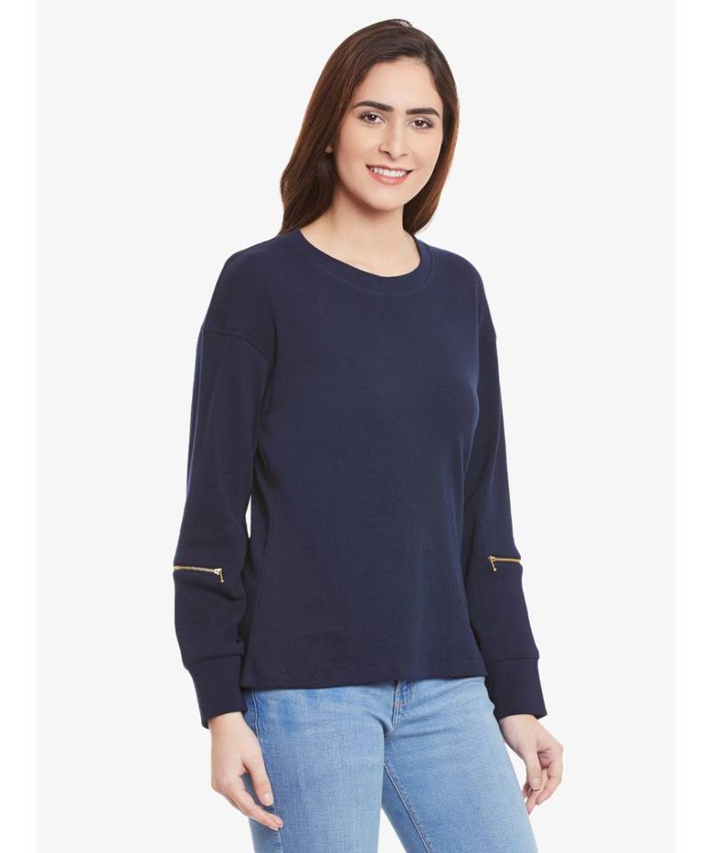 Women's blue Solid Round Neck quarter_sleeve Regular Length Top