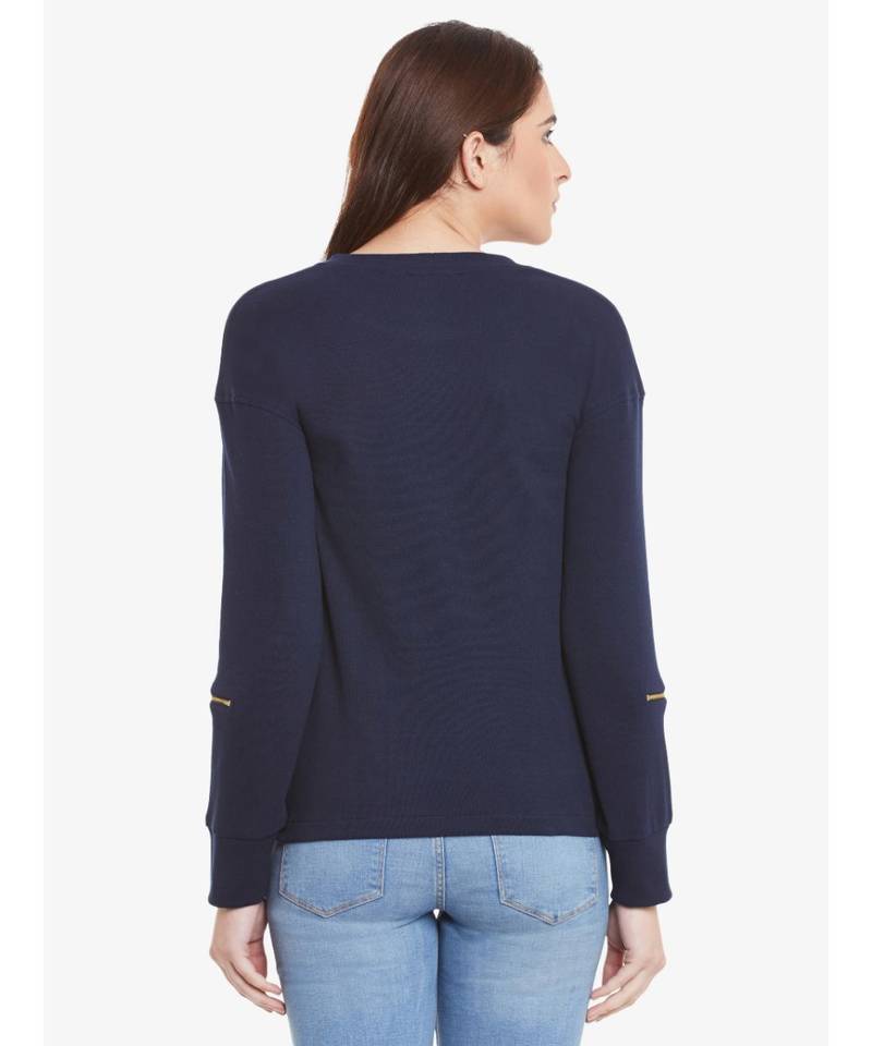 Women's blue Solid Round Neck quarter_sleeve Regular Length Top