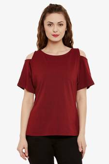 Women's Maroon Round Neck half_sleeve Solid Cut Out Top