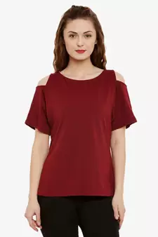 Women's Maroon Round Neck half_sleeve Solid Cut Out Top