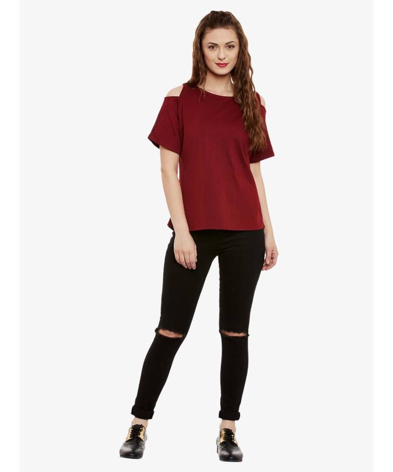 Women's Maroon Round Neck half_sleeve Solid Cut Out Top