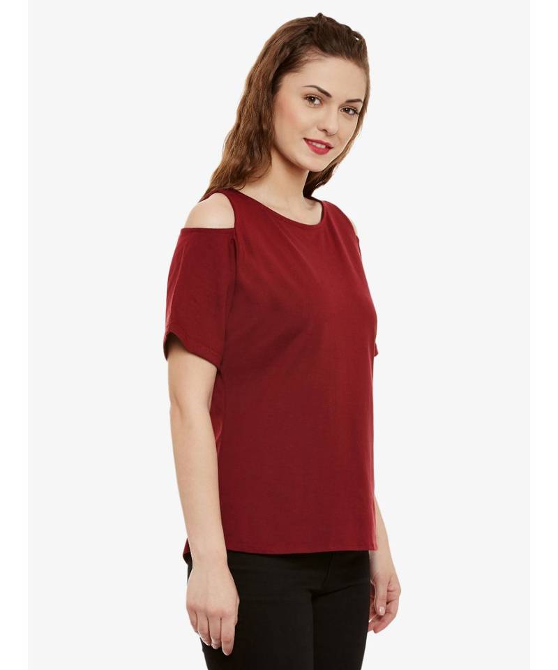Women's Maroon Round Neck half_sleeve Solid Cut Out Top