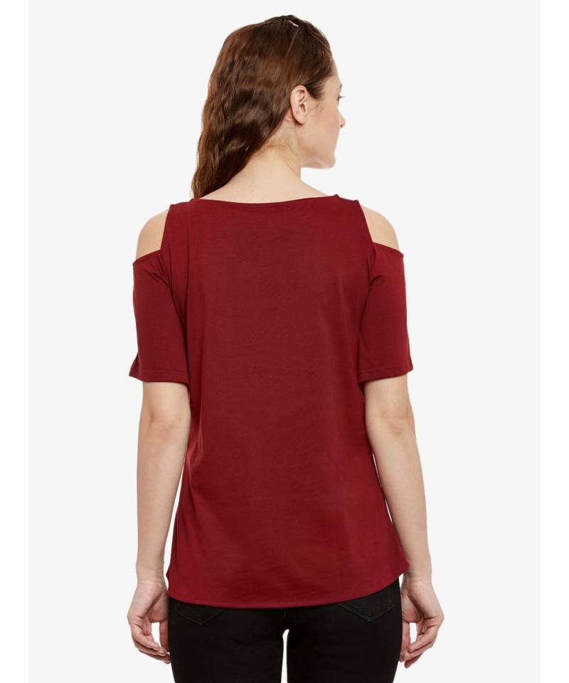 Women's Maroon Round Neck half_sleeve Solid Cut Out Top