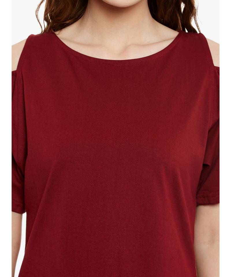 Women's Maroon Round Neck half_sleeve Solid Cut Out Top