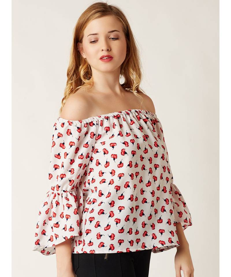 Women's Multicolored Off-Shoulder full_sleeves Ruffled Floral Printed Top
