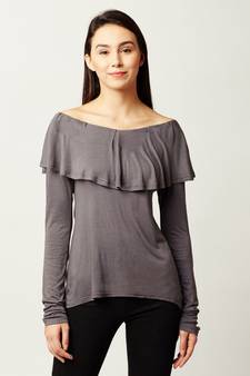 Women's Grey Boat Neck full_sleeves Solid Ruffled Top