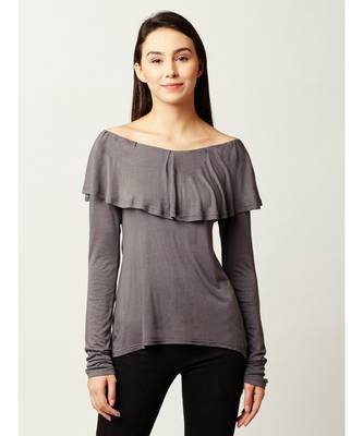 Women's Grey Boat Neck full_sleeves Solid Ruffled Top 1