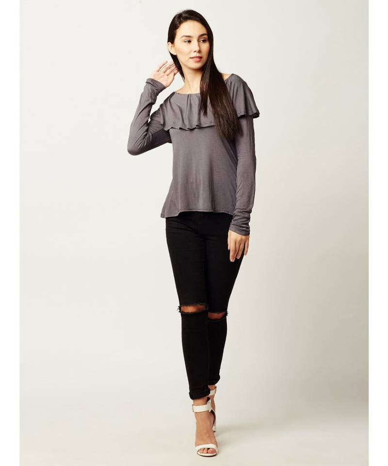 Women's Grey Boat Neck full_sleeves Solid Ruffled Top