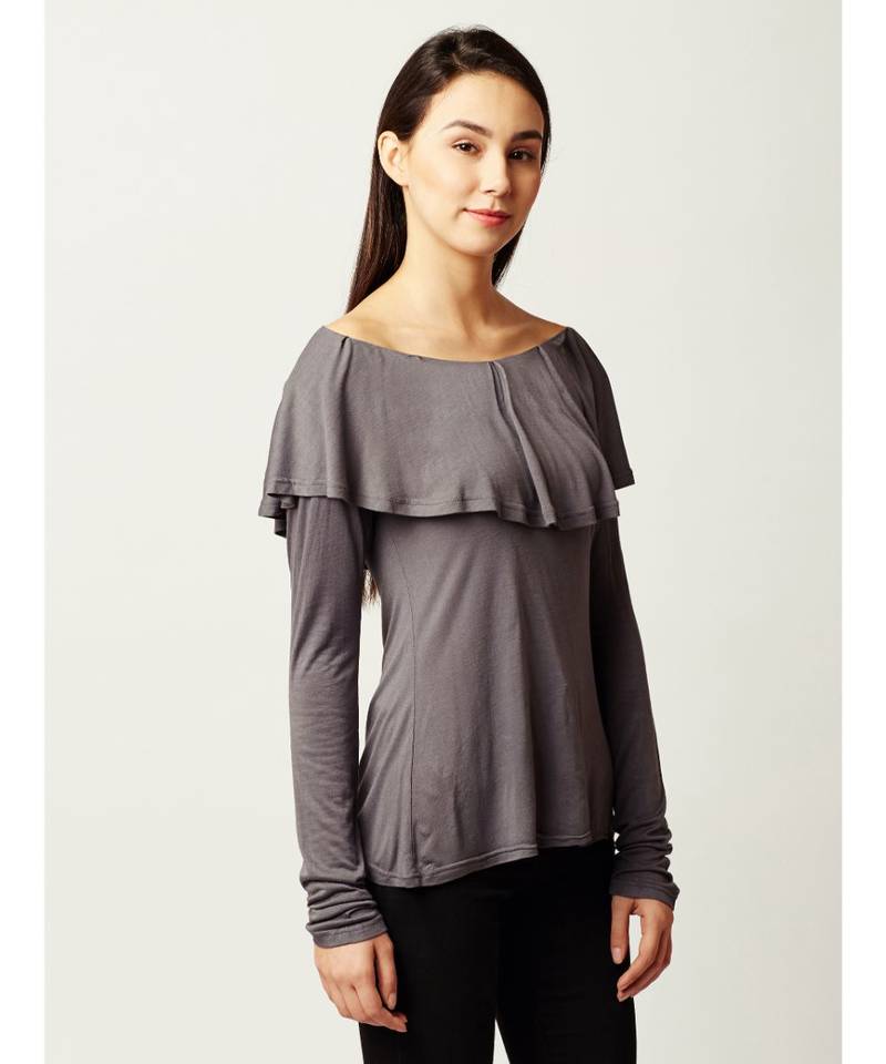 Women's Grey Boat Neck full_sleeves Solid Ruffled Top
