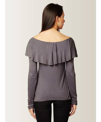 Women's Grey Boat Neck full_sleeves Solid Ruffled Top 4