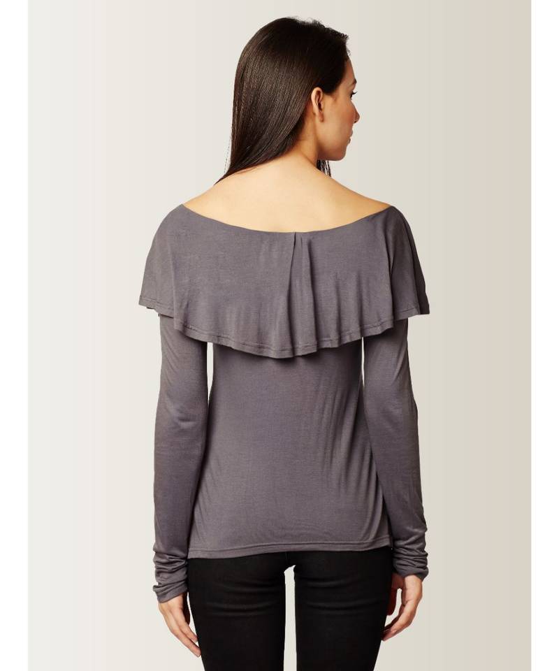 Women's Grey Boat Neck full_sleeves Solid Ruffled Top