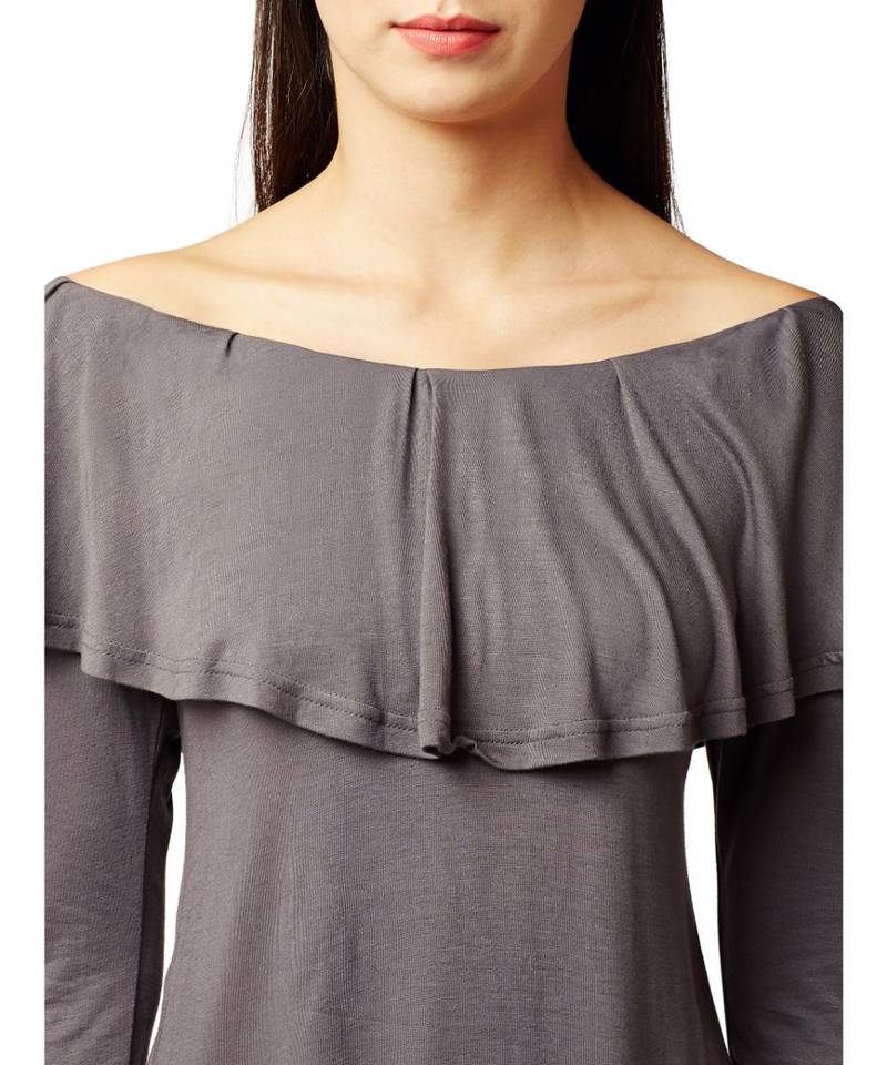 Women's Grey Boat Neck full_sleeves Solid Ruffled Top