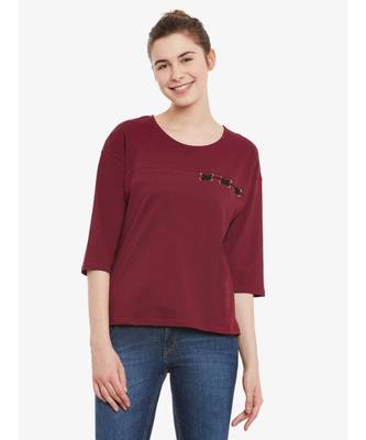 Women's Maroon Solid Round Neck quarter_sleeve Top 1