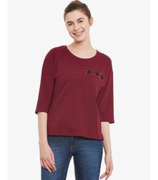 Women's Maroon Solid Round Neck quarter_sleeve Top