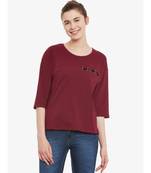 Women's Maroon Solid Round Neck quarter_sleeve Top