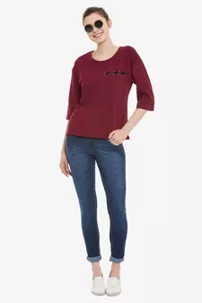 Women's Maroon Solid Round Neck quarter_sleeve Top