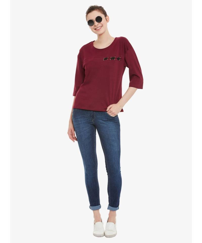 Women's Maroon Solid Round Neck quarter_sleeve Top