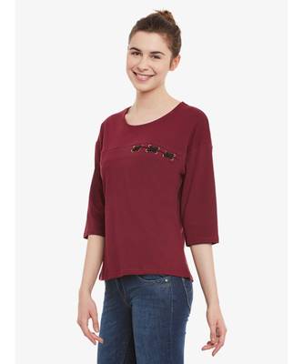 Women's Maroon Solid Round Neck quarter_sleeve Top 3