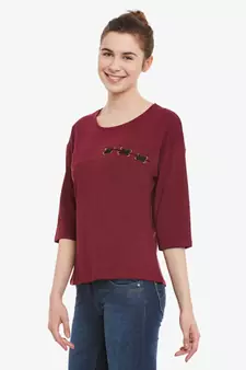 Women's Maroon Solid Round Neck quarter_sleeve Top