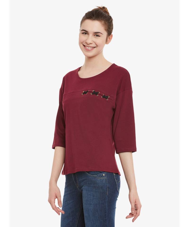 Women's Maroon Solid Round Neck quarter_sleeve Top