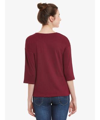 Women's Maroon Solid Round Neck quarter_sleeve Top 4