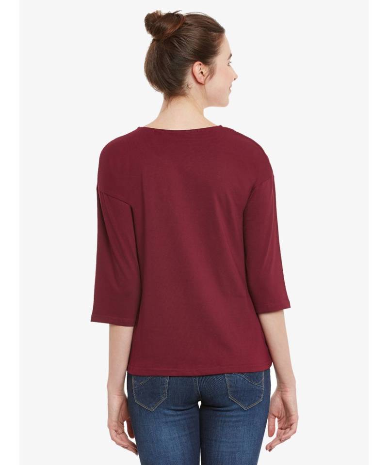 Women's Maroon Solid Round Neck quarter_sleeve Top