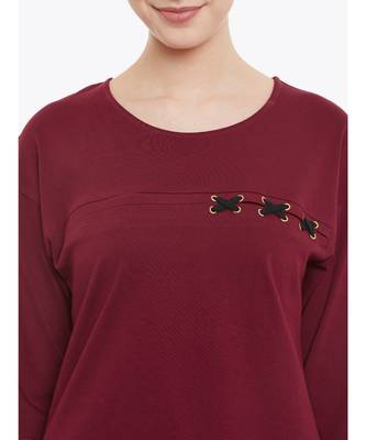 Women's Maroon Solid Round Neck quarter_sleeve Top 5