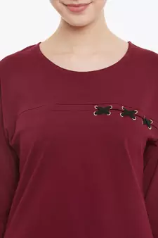Women's Maroon Solid Round Neck quarter_sleeve Top