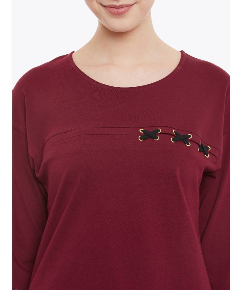 Women's Maroon Solid Round Neck quarter_sleeve Top