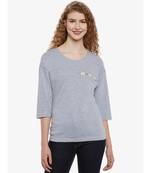 Women's Grey Solid Round Neck quarter_sleeve Top