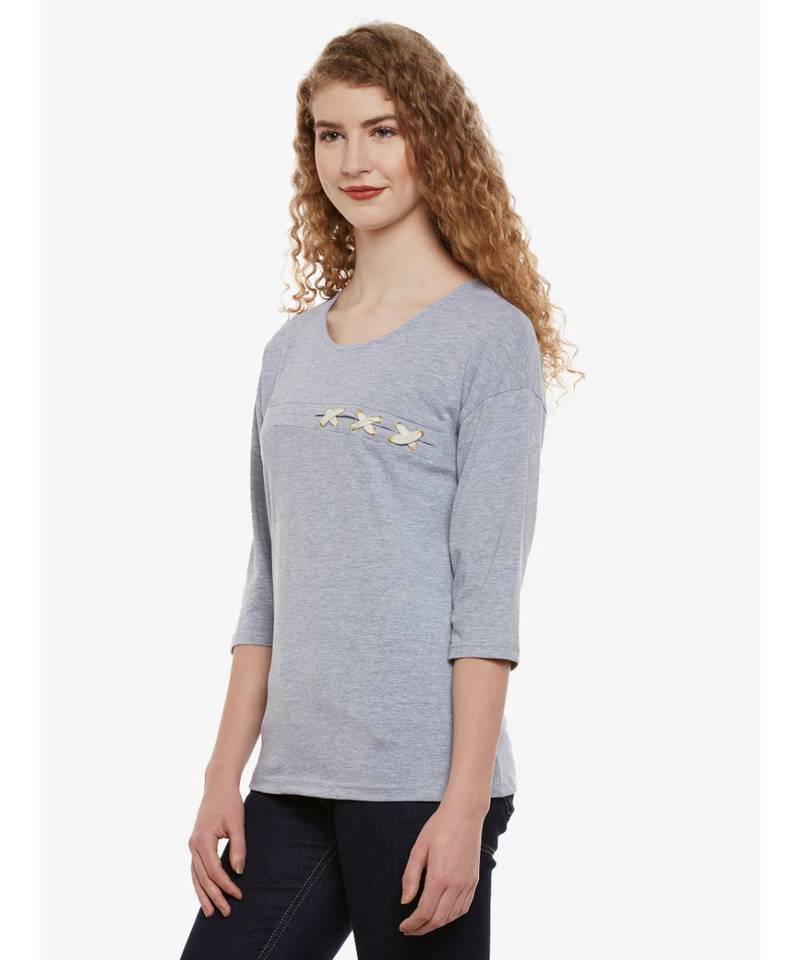 Women's Grey Solid Round Neck quarter_sleeve Top