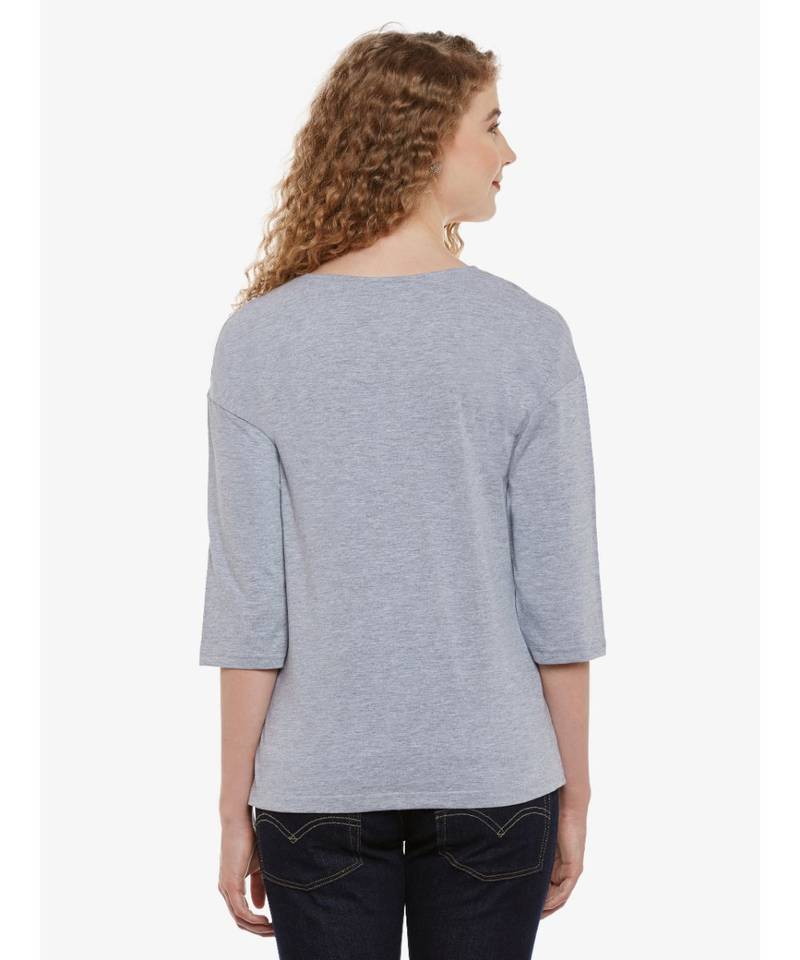 Women's Grey Solid Round Neck quarter_sleeve Top
