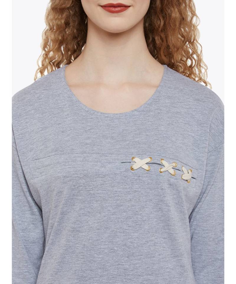 Women's Grey Solid Round Neck quarter_sleeve Top