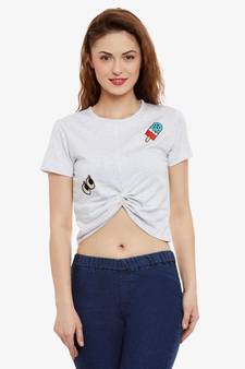 Women's Light Grey Solid Round Neck half_sleeves Crop Top