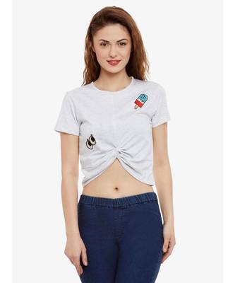 Women's Light Grey Solid Round Neck half_sleeves Crop Top 1