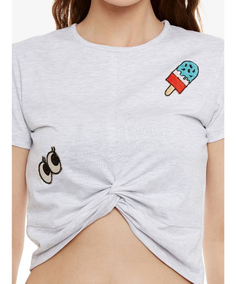 Women's Light Grey Solid Round Neck half_sleeves Crop Top