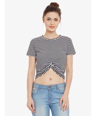 Women's Black & White Solid Round Neck half_sleeves Crop Top 1