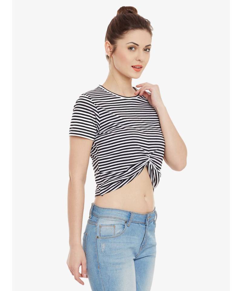 Women's Black & White Solid Round Neck half_sleeves Crop Top