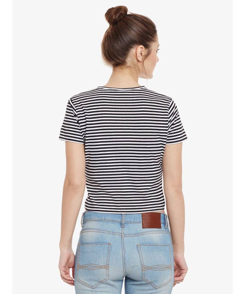 Women's Black & White Solid Round Neck half_sleeves Crop Top